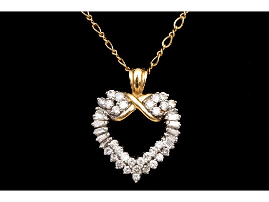 14k Yellow Gold Retro Baguette And Round Diamond Heart Pendant, App. 0.60 TCW, With Chain