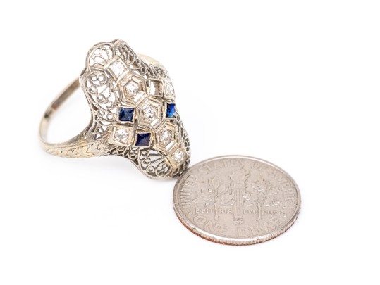 18k White Gold Vintage Filigree And Diamond And White Sapphire Ring, Size 7