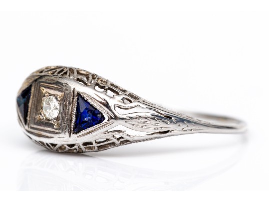 14k Vintage Filigree Diamond And Synthetic Sapphire Three Stone Ring, App. 0.04 CTS, Size 7.25