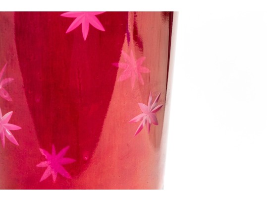 Pair Of Beautiful Antique Etched Cranberry Glass And Brass Oil Lamps On Stands