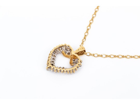 14k Yellow Gold Retro Baguette And Round Diamond Heart Pendant, App. 0.60 TCW, With Chain