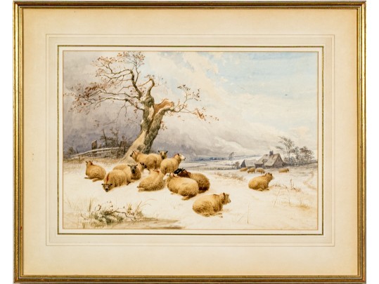 Thomas Sidney Cooper (UK, 1803- 1902) Watercolor, Winter Landscape With Sheep 