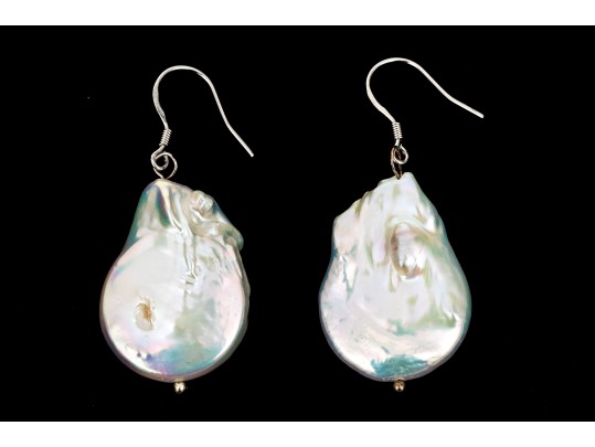 Fabulous Chunky Sterling Silver And Baroque Cultured Freshwater Pearl Earrings