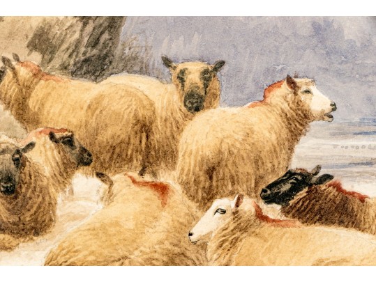Thomas Sidney Cooper (UK, 1803- 1902) Watercolor, Winter Landscape With Sheep 