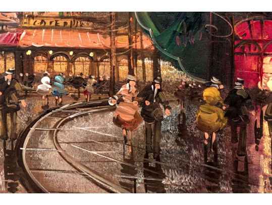 Pierre, Signed Embellished Color Print On Canvas, Paris Street Scene At Dusk