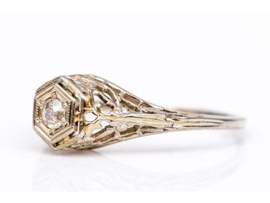 18k White Gold Vintage Filigree And Diamond Ring, App. 0.06 CTS, Size 4.75