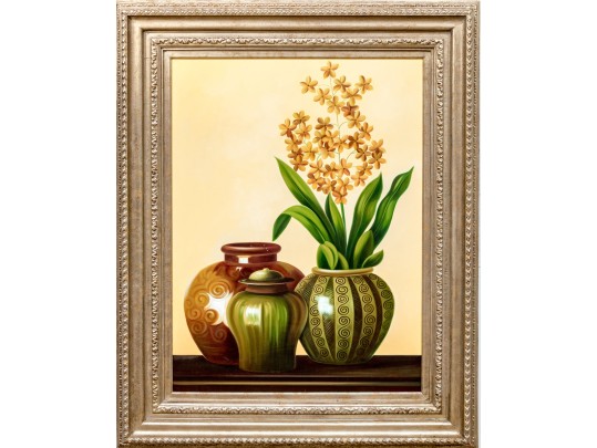 Miechell Signed, Oil On Canvas, Still Life With Three Vases