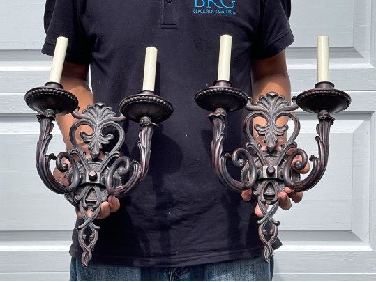 Pair Of Cast Iron Two Light Electrified Wall Sconces