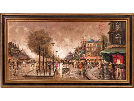 Pierre, Signed Embellished Color Print On Canvas, Paris Street Scene At Dusk