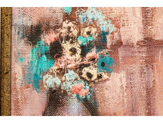 Oil On Burlap, Portrait Of Two Well Dressed In An Interior