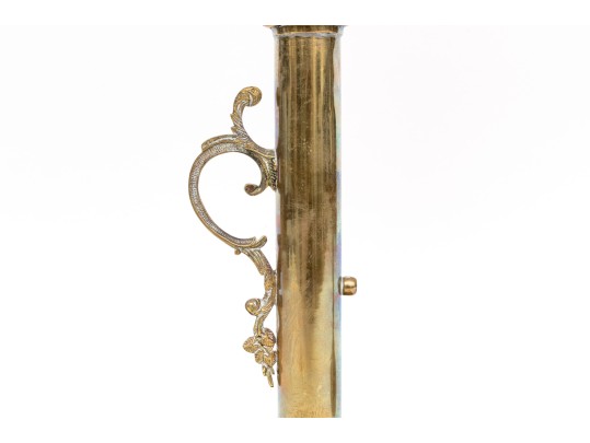 Pair Of Beautiful Antique Etched Cranberry Glass And Brass Oil Lamps On Stands