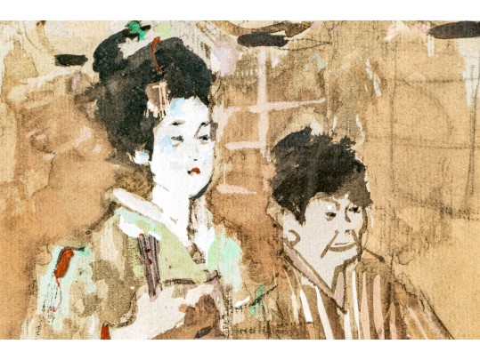 Jack Levine Colored Wood Cut Framed On Gray Paper, Geisha With Attendant 