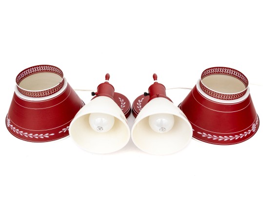 Pair Of Vintage Tole Handpainted Wall Sconces With Matching Shades