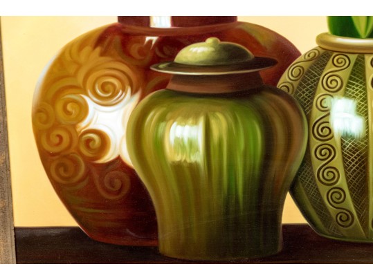 Miechell Signed, Oil On Canvas, Still Life With Three Vases