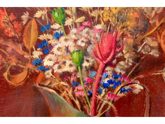 Miriam Granick Boretz (Ukranian/American, 1903-2005) Oil On Board, Still Life, Pitcher Of Flowers