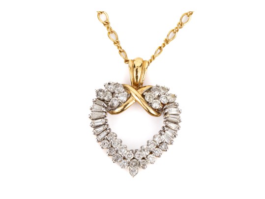 14k Yellow Gold Retro Baguette And Round Diamond Heart Pendant, App. 0.60 TCW, With Chain