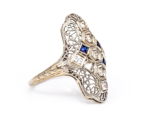 18k White Gold Vintage Filigree And Diamond And White Sapphire Ring, Size 7