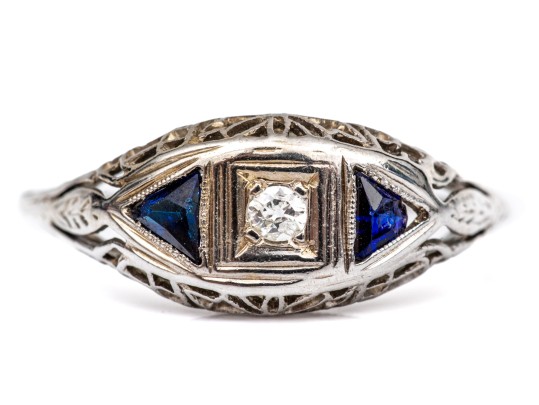 14k Vintage Filigree Diamond And Synthetic Sapphire Three Stone Ring, App. 0.04 CTS, Size 7.25