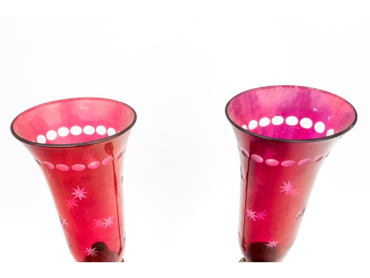 Pair Of Beautiful Antique Etched Cranberry Glass And Brass Oil Lamps On Stands