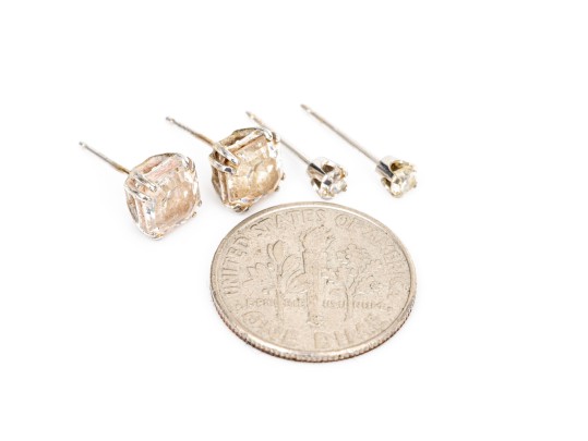 14k White Gold Two Pairs Of Cz Set Stud Earrings