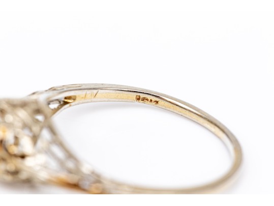 18k White Gold Vintage Filigree And Diamond Ring, App. 0.06 CTS, Size 4.75