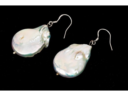 Fabulous Chunky Sterling Silver And Baroque Cultured Freshwater Pearl Earrings