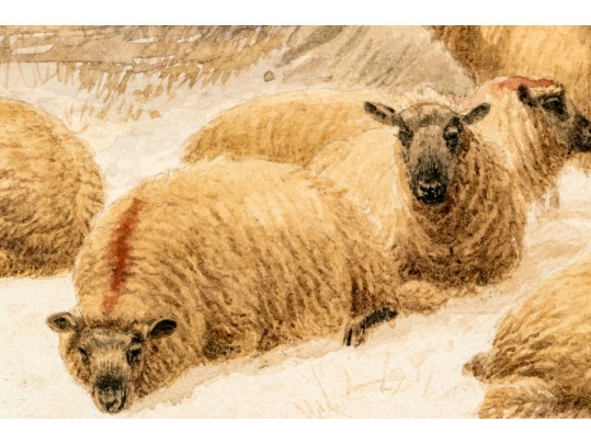 Thomas Sidney Cooper (UK, 1803- 1902) Watercolor, Winter Landscape With Sheep 