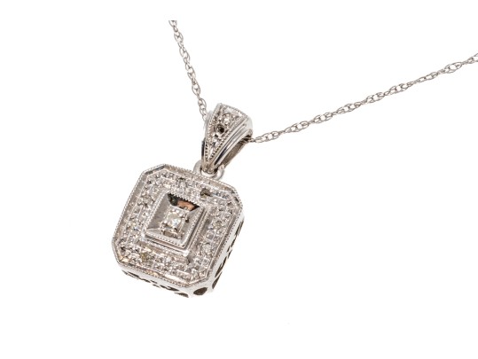 10k White Gold Pretty Diamond Set Square Pendant, App. 0.05 TCW, With Chain