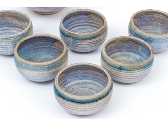 Japanese Ceramic Lidded Teapot With Six Glazed Teabowls