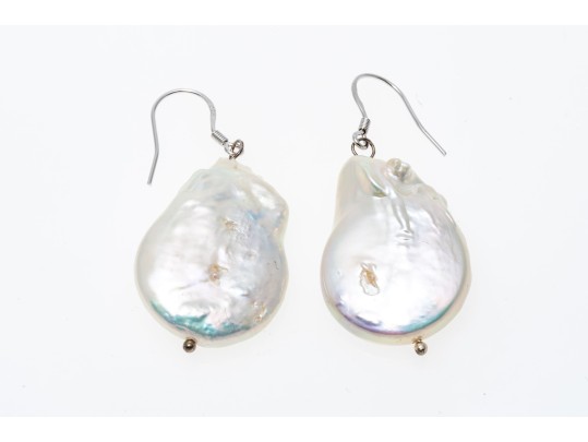 Fabulous Chunky Sterling Silver And Baroque Cultured Freshwater Pearl Earrings