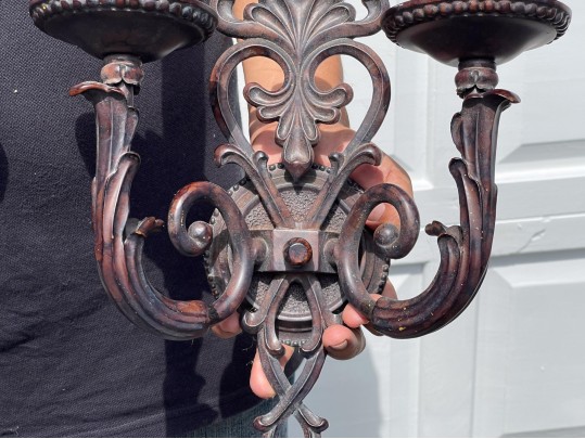 Pair Of Cast Iron Two Light Electrified Wall Sconces