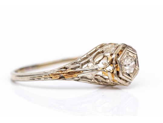 18k White Gold Vintage Filigree And Diamond Ring, App. 0.06 CTS, Size 4.75