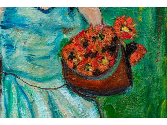 Miriam Granick Boretz (Ukranian/American, 1903-2005) Oil On Artist Board, Lady With Flowers