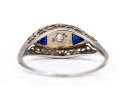 14k Vintage Filigree Diamond And Synthetic Sapphire Three Stone Ring, App. 0.04 CTS, Size 7.25