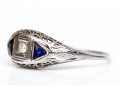 14k Vintage Filigree Diamond And Synthetic Sapphire Three Stone Ring, App. 0.04 CTS, Size 7.25