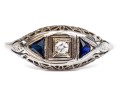 14k Vintage Filigree Diamond And Synthetic Sapphire Three Stone Ring, App. 0.04 CTS, Size 7.25