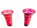 Pair Of Beautiful Antique Etched Cranberry Glass And Brass Oil Lamps On Stands
