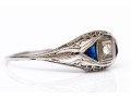 14k Vintage Filigree Diamond And Synthetic Sapphire Three Stone Ring, App. 0.04 CTS, Size 7.25