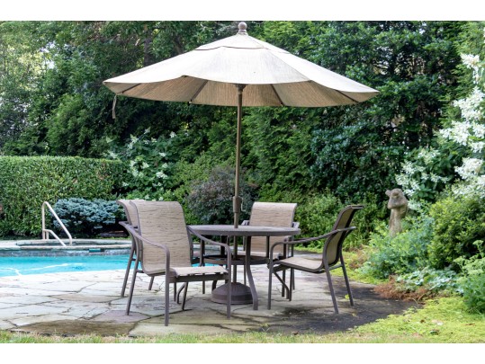 Outdoor Suite Of Four Chairs, Table, And Atlantic Shores Umbrella