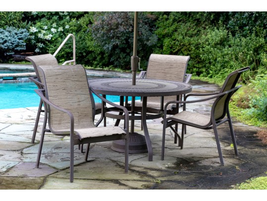 Outdoor Suite Of Four Chairs, Table, And Atlantic Shores Umbrella