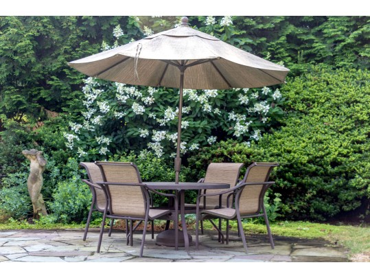 Outdoor Suite Of Four Chairs, Table, And Atlantic Shores Umbrella