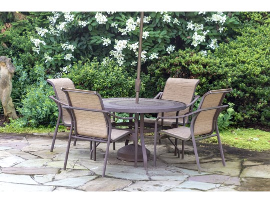 Outdoor Suite Of Four Chairs, Table, And Atlantic Shores Umbrella