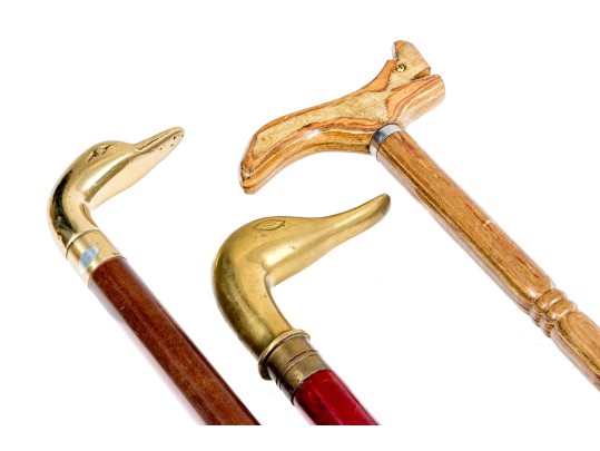 Three Canes, Two With Brass Duck Head Handles