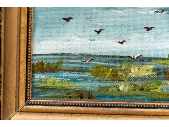 Signed Lopez Diminutive Oil On Board, Marsh With Birds And Seagrasses