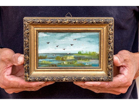 Signed Lopez Diminutive Oil On Board, Marsh With Birds And Seagrasses