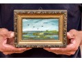 Signed Lopez Diminutive Oil On Board, Marsh With Birds And Seagrasses