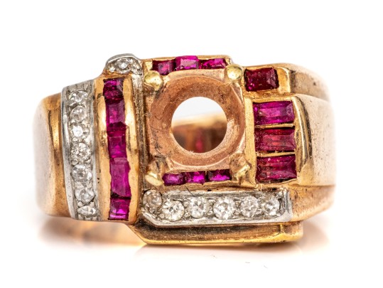 10k Yellow Gold Vintage Synthetic Ruby And Diamond Set Semi-mount Size 3+