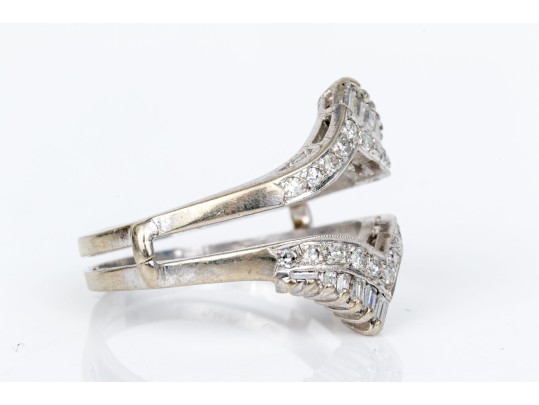 14k White Gold Retro Baguette And Round Diamond Guard Ring, App. 0.32 TCW, Size 11