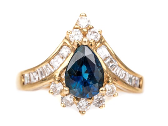 14k Yellow Gold Sapphire And Diamond Cluster Ring, App. 0.32 TCW In Diamonds, Size 2.75
