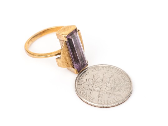 14k Yellow Gold Vintage Emerald Cut Synthetic Purple Spinel Ring, Size 3.75
